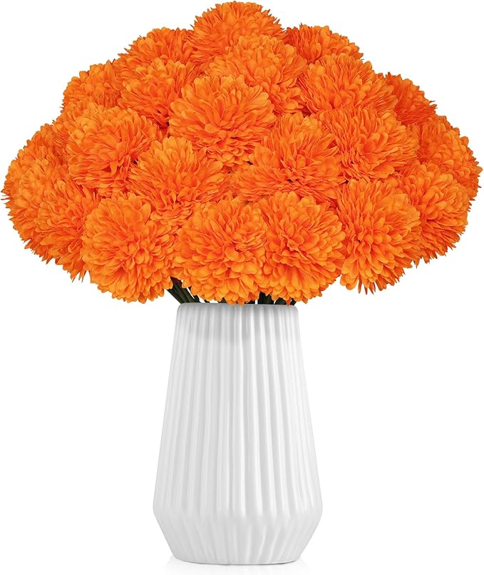 36 Pcs Artificial Chrysanthemums Flowers,Marigold Flower Fall Fake Flowers Orange Silk Mums Bouquet Decor Faux Ball Flowers for Autumn Day of Home Decor Indoor Wedding Table Centerpiece (Orange)
