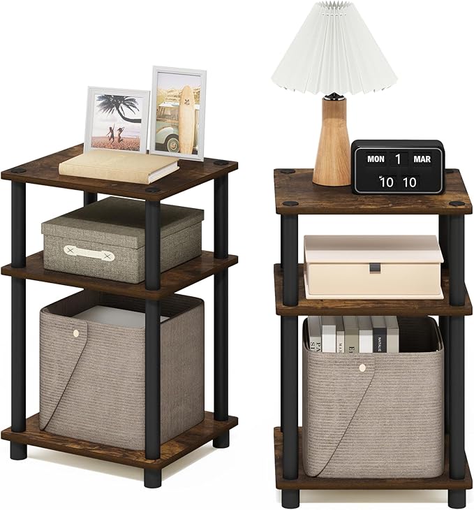 Furinno JUST Side Table Set of 2, 3-Tier End Tables, Open Shelves Night Stand, Nightstand, Toolless Assembly, for Living Room, Bedroom, Amber Pine