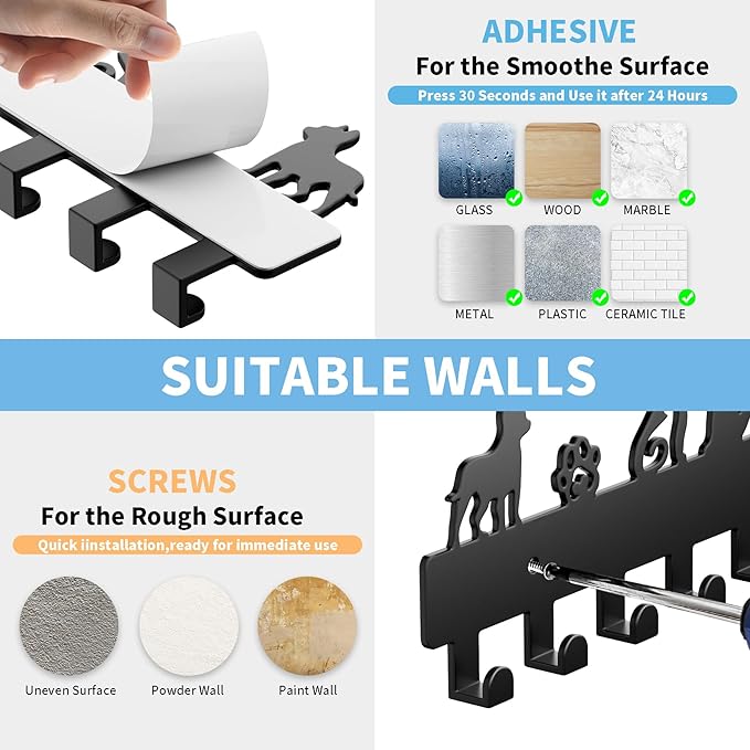 GTK Key Hooks with 8 Hooks Wall Mounted, Key Holder for Wall Decor, Dog Key Holder for Entryway, Self Adhesive Cat Key Rack for Living Room