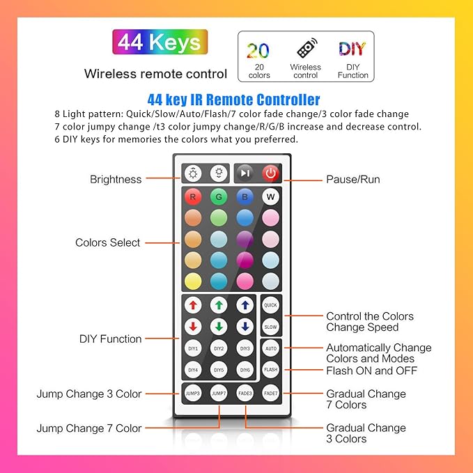 TJOY 100 ft LED Strip Lights with 44 Key Remote, Multi-Color RGB LED Lights, 24 Volt Color Changing LED Light Strip for Bedroom,Room,TV,DIY Decor(44 Key Remote Control +50 ft x2+Indoor only)