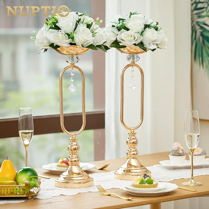 NUPTIO 10 Pieces White Fake Flower Ball Arrangement Bouquet 15 Heads Plastic Roses with Base, Suitable for Wedding Centerpiece Flower Rack for Parties Home Décor