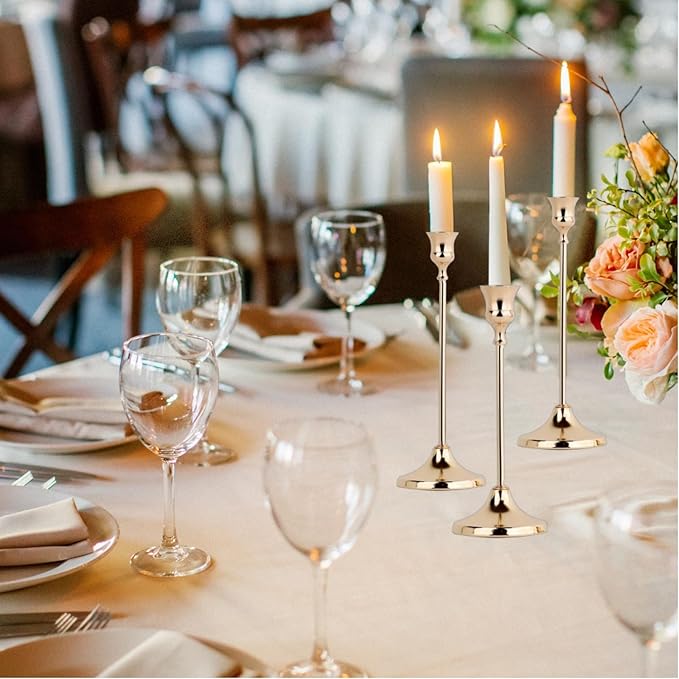 French Gold Candlestick Holders Set of 3, Metal Taper Candle Holders, Classic Decorative Candle Stick for Christmas, Wedding, Party, Dinner Tables,Home Décor