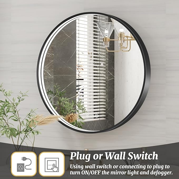 24 Inch Round LED Bathroom Mirror, Black Metal Framed Lighted Mirror for Bathroom, Wall Mouted LED Vanity Mirror with Lights, 3 Colors and Stepless Dimmable, Anti-Fog, Memory