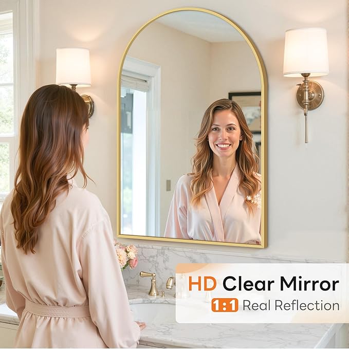 Sweetcrispy Arched Bathroom Mirror 36x25 Inch Gold Metal Framed Arch Vanity Mirror for Wall, Over Sink, Farmhouse, Restroom, Anti-Rust, Modern Decorative, Hanging or Leaning