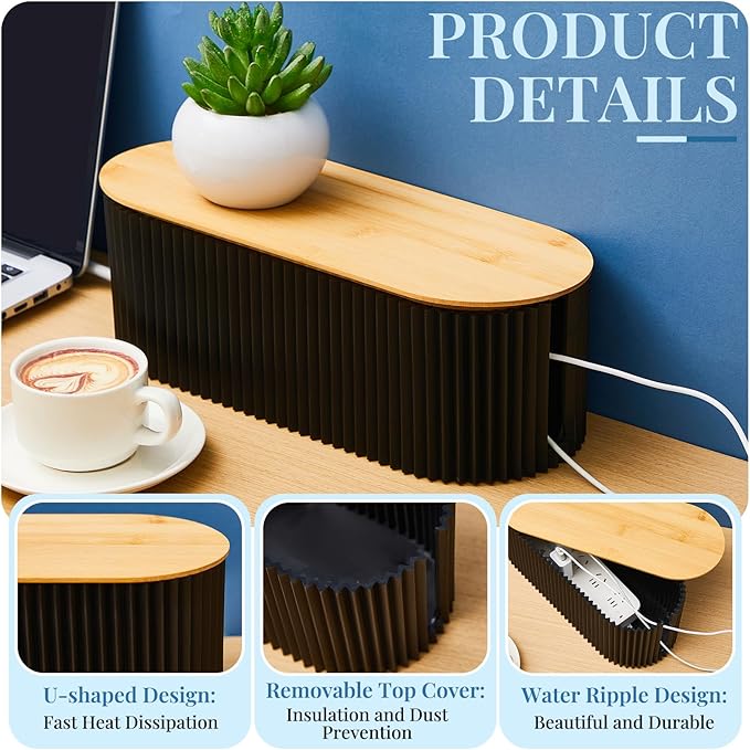 Marsui 2 Pcs Black Cable Management Organizer Box for Hiding Wires, Home Office Desk Floor Cord Organizer, 11.8 x 5.1 x 4.3 Inch Cord Strip Protect Holder Wire Storage