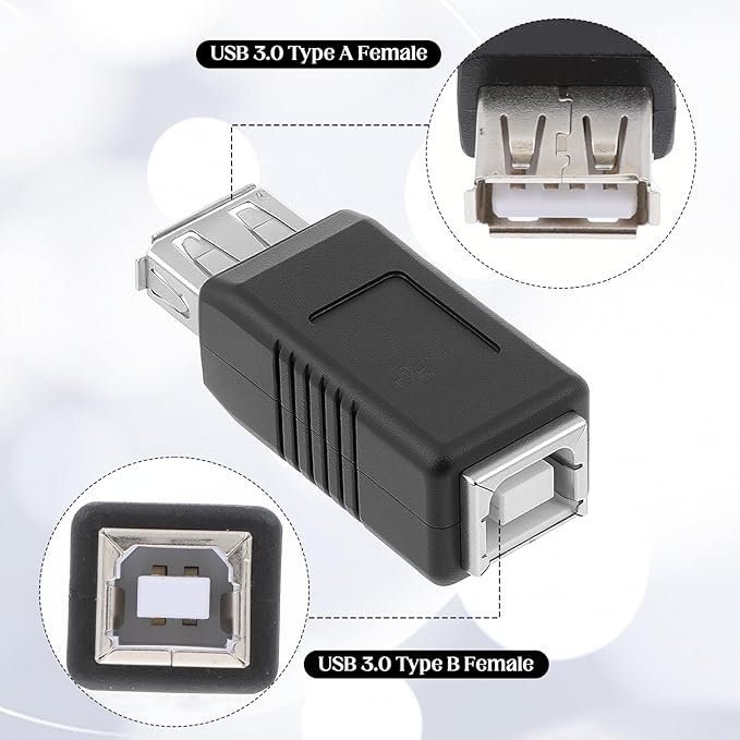 3PCS USB 2.0 Af/Bf Plug Type A Female to Type B Female Adapter Connector, USB B Adapter, Printer, Camera, Laptop, Computer, Scanner, Hard Drive, Black, 3 Count