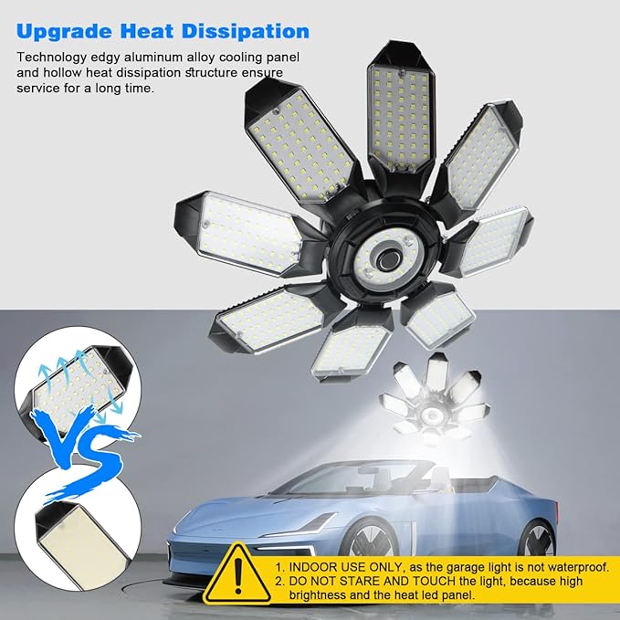 Garage Lighting - 80000LM Super Bright 6500K Garage Lights Ceiling Led w/ 8 Deformable Panels Compatible for E26/E27 Screw in Garage Light Bulb for Shops Barn Basement Attic - 4Pack