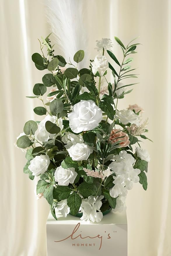 Ling's Moment 41" Tall Free Standing Artificial Flowers Arrangements 2 pcs, Wedding Arch Altar Stage Decorations White Sage for Spring Ceremony Reception Rose Fake Floral Party Outdoor Garden Decor