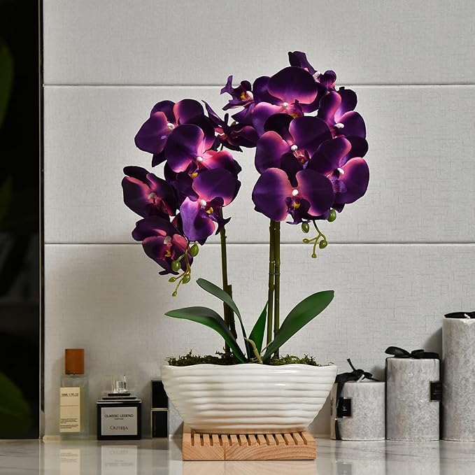 Large Artificial Potted Orchid Plant, Silk Flower Arrangement with Ceramics Vase, Dark Purple