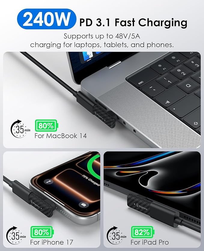 Magtame 24Pin Magnetic USB C Adapter 2-Pack, USB-to-USB Adapters PD 240W USB C 90 Degree Adapter, 40Gbps & 4K Video Output, USB Type C Right Angle Adapter for Phone 17/16/15, Laptop