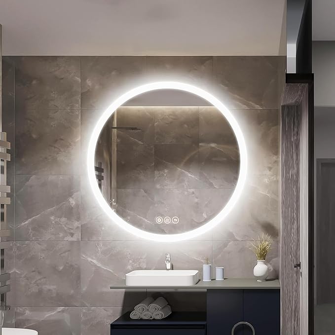 Wall-Mounted LED Round Bathroom Mirror, Makeup Mirror (24 inches x 24 inches,) 3 Color Stepless Dimmable Memory Bathroom Vanity Mirror with Lights CRI90+ 3000-6400K Smart Mirror with Touch
