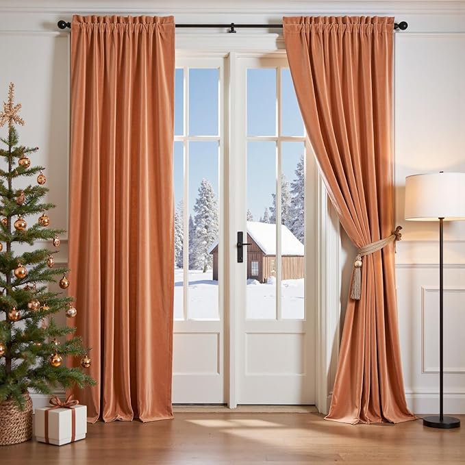 Lazzzy Halloween Blackout Velvet Curtains Orange Fall Decor Thermal Insulated Curtains Living Room Curtains 2 Panel Sets 96 Inch Long Room Darkening Window Treatments Drapes Burnt Pumpkin