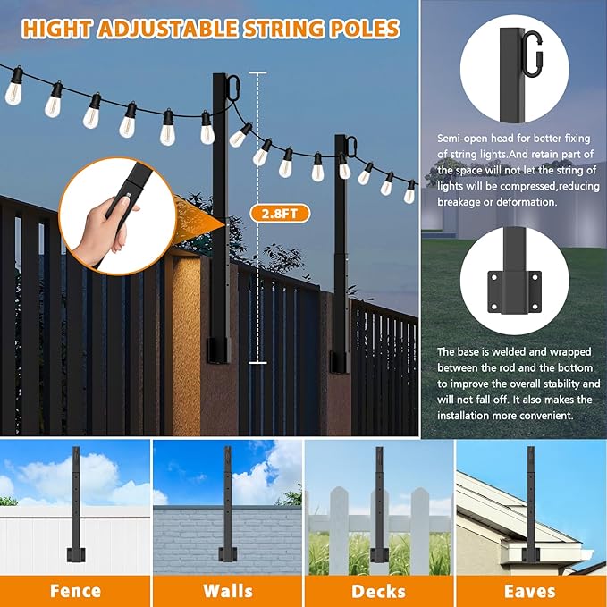 8 Pack 2.8Ft Suspension Outdoor String Light Poles for Outside String Lights Hanging,with Clip and Holder,Light Post Mounting Stand for Patio Fence Wall Garden Backyard Deck