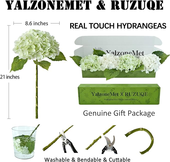 YalzoneMet Artificial Hydrangea Flowers 4 Pcs 2 White 2 Light Green 21 inch Long Rod Real Touch Lifelike Fake Latex Hydrangea Flowers for Home Party Outdoor Wedding Gifts Christmas Table Decoration