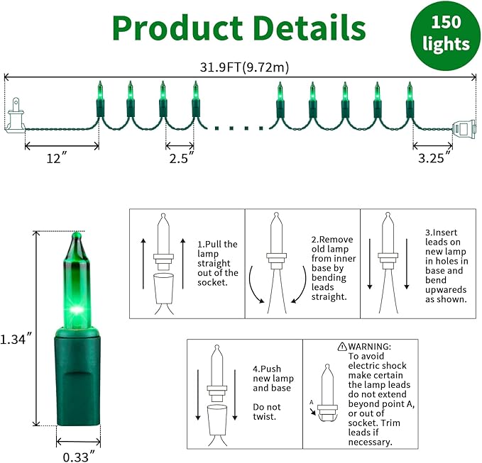 LAMPHOME Super-Bright Extendable Green Christmas Lights Decoration 150Lights 31.9ft UL Certified Mini Bulb String Lights Set for Outdoor Christmas Tree Garden Holiday Party Patio Wedding Garland Decor
