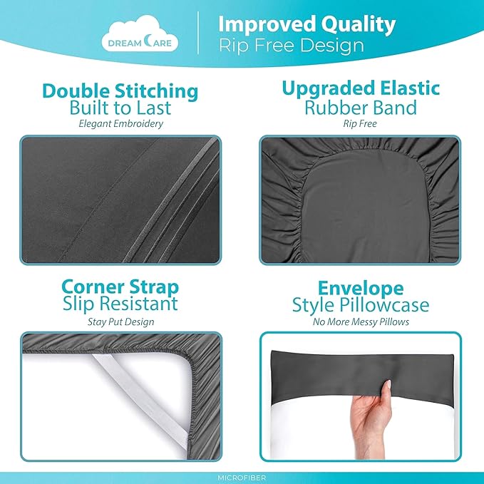 DREAMCARE Twin Sheets - Cooling Bed Sheets - 4pcs Set - up to 15" Deep Pocket Twin Bed Sheets - Twin Sheet Set - Soft Lasting 100% Fine Brushed Polyester with Side Pocket - D.Gray