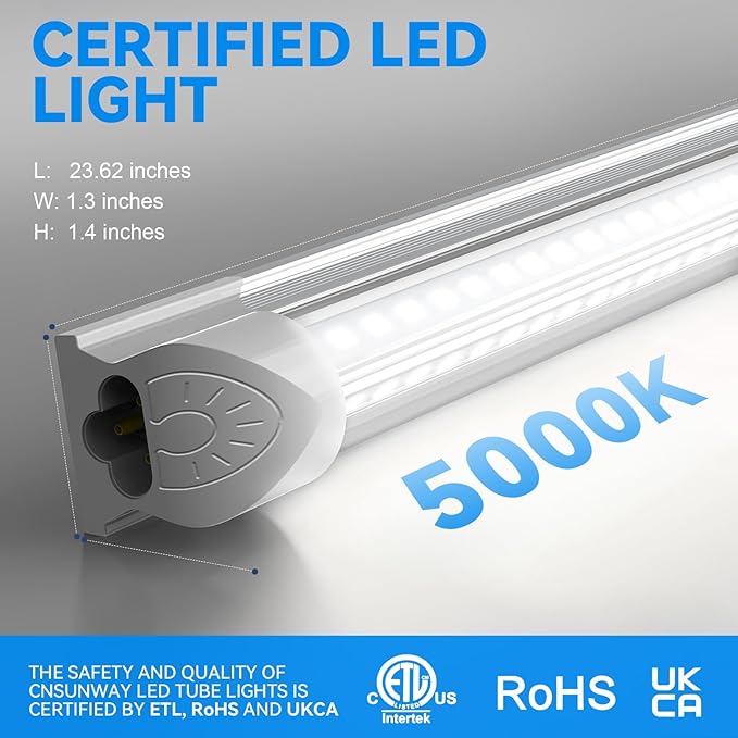 CNSUNWAY 2FT LED Shop Light, 20W 3000LM, 5000K Daylight T8 LED Light Fixture, V Shape, High Output, Linkable Shop Lights for Room, Garage, Workshop, Under Cabinet, ETL Listed (2 Pack)