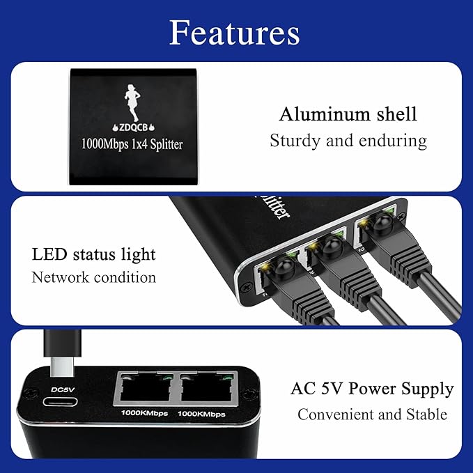 Ethernet Splitter 1 to 4, RJ45 Splitter Adapter, High Speed Internet & Ethernet Switch for Cat5, Cat5e, Cat6, Cat7 Cable (1 to 4, 1000Mbps)