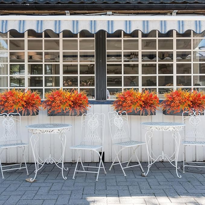15PCS Artificial Fall Plants for Outdoors, Orange Fake Grass Plants Flowers for Autumn Decorations, UV Resistant Faux Foliage Greenery Bushes for Window Porch Garden Yard Décor