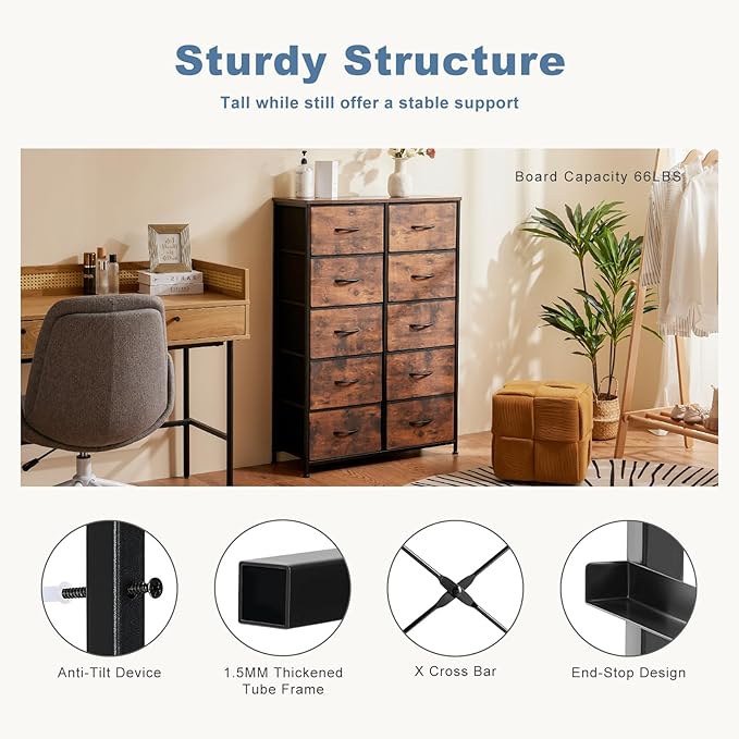 DUMOS Dresser for Bedroom, 10 Storage Drawers, Wide Fabric Closet Chests Organizer Tower Furniture with Wooden Top Metal Frame for Clothes, Guest Room, Living Room, Hallway, Entryway