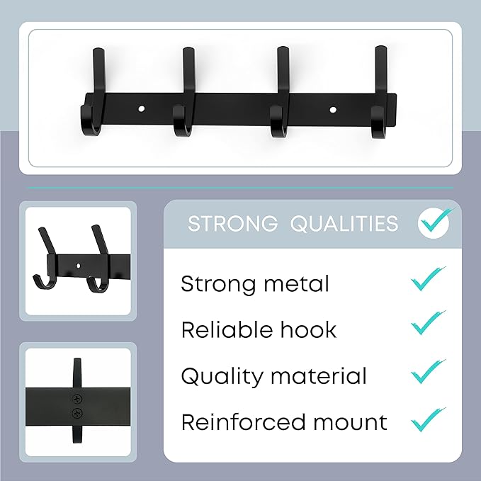 Matte Black Coat Rack Wall Mount – 12 Inch Stainless Steel Hook Rail with 4 Double Coat Hooks – Wall Mounted Entryway Organizer for Coats, Hats, Bags, Towels, Robes, Closet or Bathroom - 2 Pack