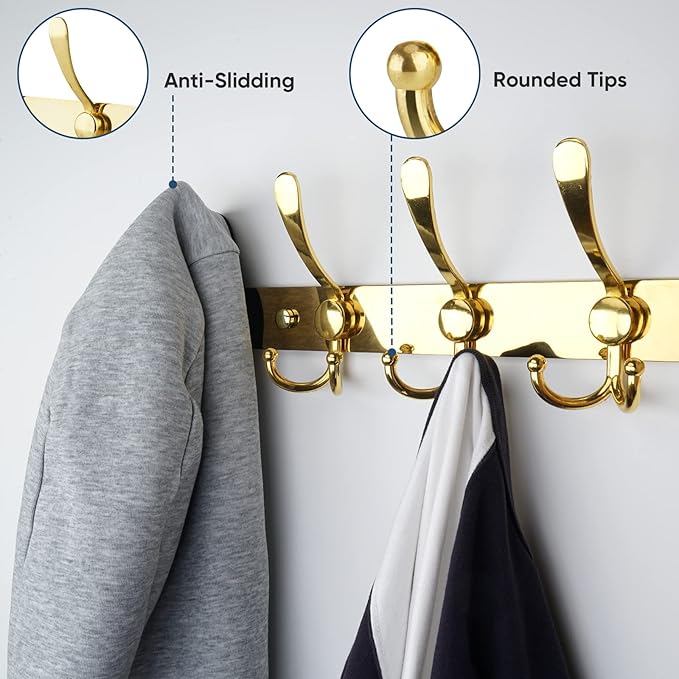 TICONN Wall Mounted Coat Rack, Five Heavy Duty Tri Hooks All Metal Construction for Jacket Coat Hat in Mudroom Entryway (Gold, 1-Pack)