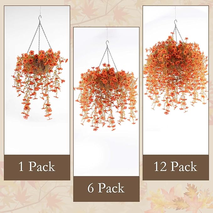 12 Pcs Artificial Hanging Mums Flowers Outdoor, Orange UV Resistant Fake Hanging Fall Plants for Outdoor Planter Patio Front Door Window Autumn Decoration (12, Orange)