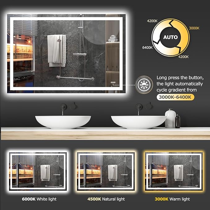 60X40 LED Bathroom Mirror with Lights, Anti-Fog, Dimmable, Backlit + Front Lit, Smart Bathroom Vanity Mirror, Memory Function, Shatterproof, Tempered Glass (Horizontal/Vertical)
