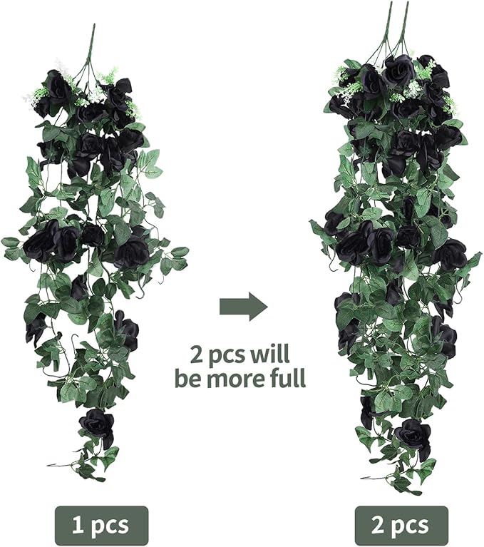 RECUTMS Artificial Hanging Rose Flower 4Pieces 3.3Ft Flowers for Outdoors with 30 LED Fairy String Lights Fake Indoor Wall Wedding (Black)