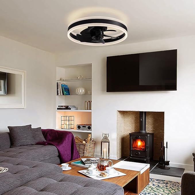 Ceiling Fans with Lights and Remote Flush Mount Black Ceiling Fan with Light,6 Speeds,LED Modern 15" Low Profile Ceiling Fans for Bedroom,Small Room