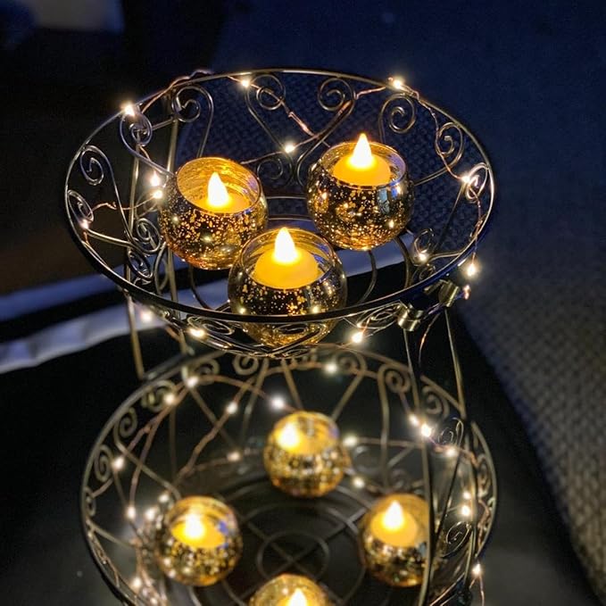 12pcs Gold Round Votive Candle Holders,Glass Gold Mercury Glass Votive Candle Holders Round Tealight for Christmas Decoration, Table Centerpieces, Weddings, Shower Gift