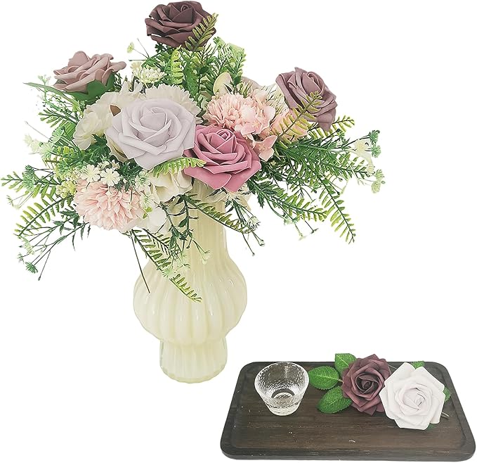 Artificial Fake Flowers 25pcs Roses, Shade of Light Purple Foam Rose Faux Flower for DIY Wedding Bouquet Bridal Shower Centerpieces Floral Arrangements Party Table Home Decorations