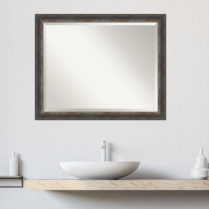 Amanti Art Brown Bathroom Mirror for Over Sink, 25x31 Bark Rustic Char Narrow Rectangle Vanity Mirror, Large Country Rustic Frame, Hangs Horizonally and Vertically, Bathroom Wall Decor, Beveled Edge