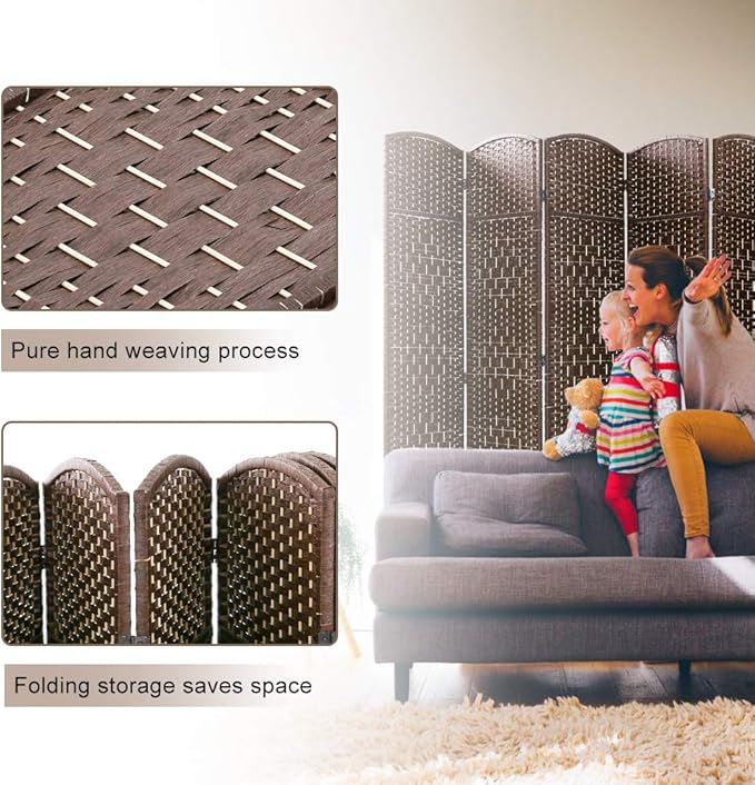 Room Divider 6 Panel Folding Privacy Divider 6 Ft Indoor Wall Divider Portable Partition Wood Screen, Brown