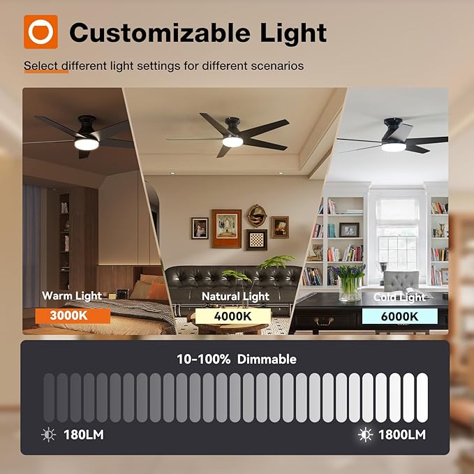 addlon Ceiling Fans with Lights, 52 inch Low Profile Ceiling fan with Light and Remote Control, Flush Mount, Reversible, 3CCT, Dimmable, Noiseless, Black Ceiling Fan for Bedroom, Indoor/Outdoor Use