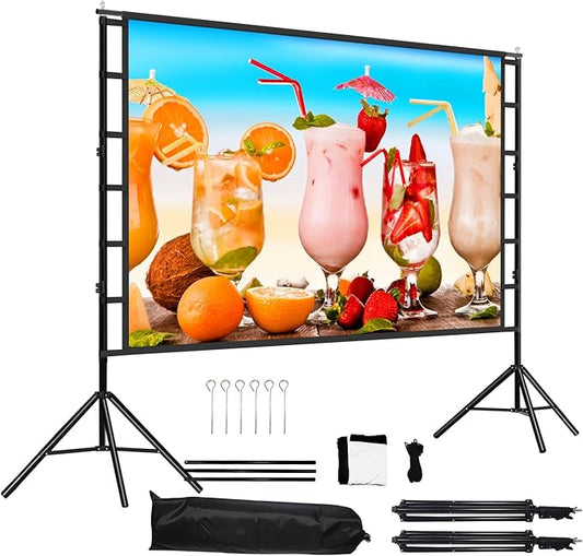 100 Inch Outdoor Projector Screen with One-Piece Telescopic Stand, Wrinkle-Resistant 4K HD Movie Screen for Backyard, Camping and Indoor Home Theater (Fits Long Throw Projectors)