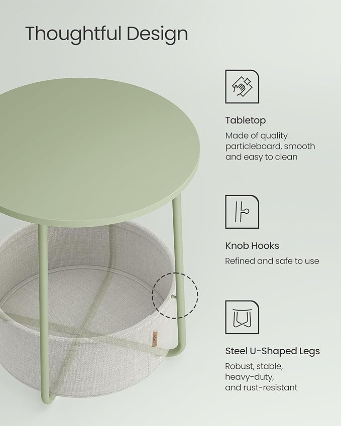 VASAGLE LILEA Collection - Small Round Side End Table, Modern Nightstand with Fabric Basket, Laurel Green and Cream White ULET223C69