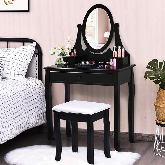 Giantex Vanity Set with Oval Mirror and Cushioned Stool, Makeup Dressing Table with 3 Drawers, Modern Bathroom Bedroom Makeup Organizer Vanity Table for Women Girls Gifts (Black)