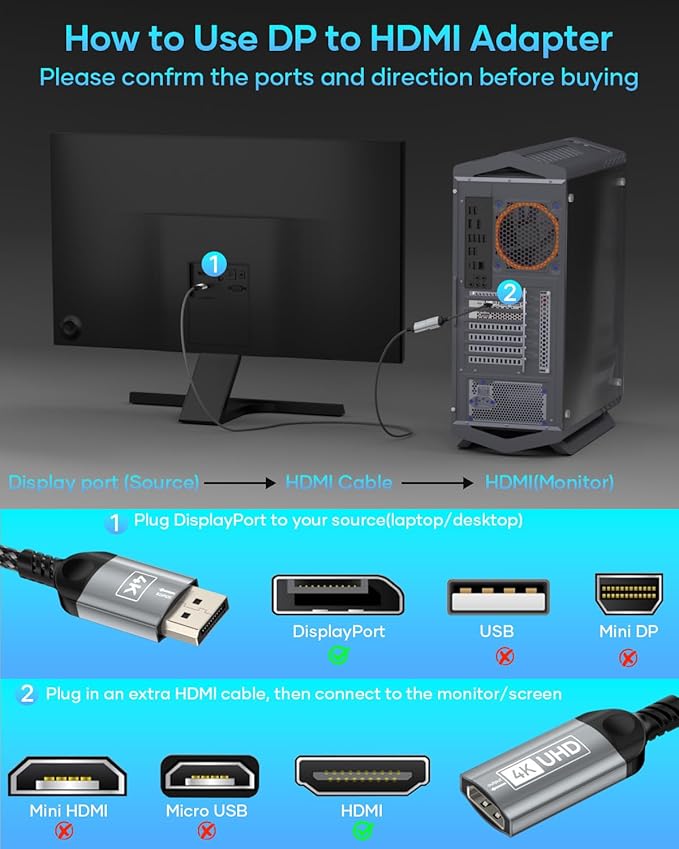 4K DisplayPort to HDMI Adapter, Unidirectional DP (Display Port) Male to HDMI Female Converter Compatible with Lenovo, HP, Dell, AMD, NVIDIA, More Passive