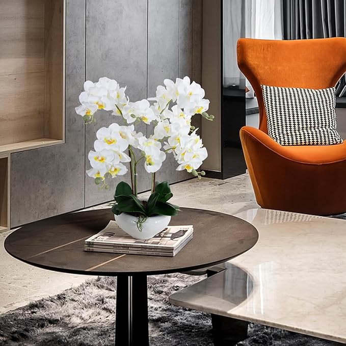 Ziwon Artificial Orchid Flowers Potted in Ceramic Pot, White Faux Phalaenopsis Orchids for Table Centerpiece, Realistic Fake Flower in vase for Home Office Decor Indoor