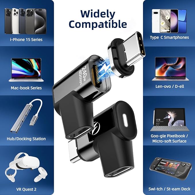 240W USB C Magnetic Adapter, (2 Pack) Magnetic USB C Adapter Right Angle 24Pin with USBC 4 40Gbps 8K 60Hz for iPhone 16/15 Series, Thunderbolt 3/4, MacBook Pro/Air and More Type C Devices