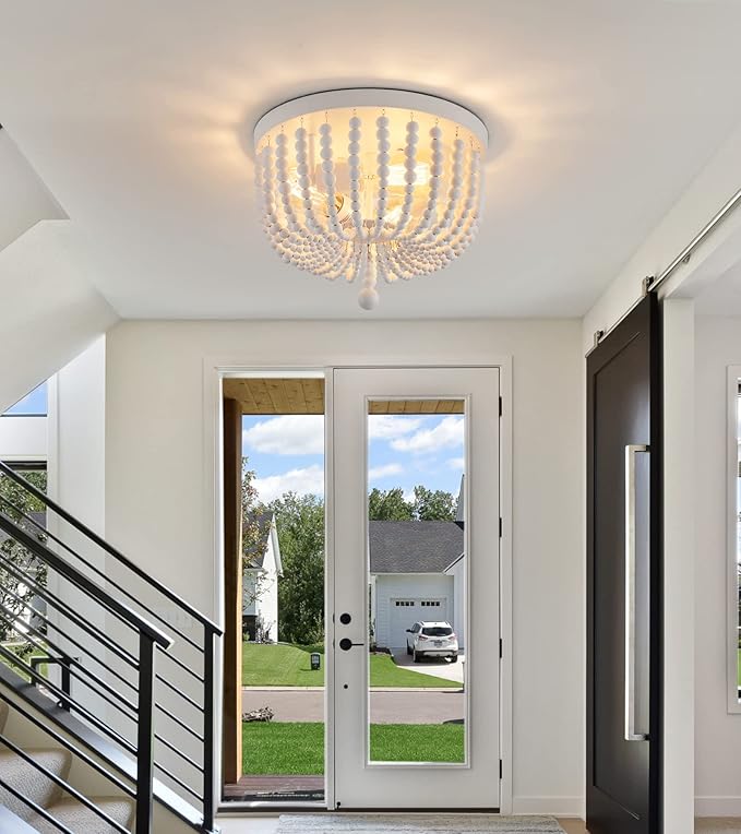 Q&S White Boho Beaded Chandeliers Flush Mount Ceiling Light,3-Lights Small Chandelier Light Fixture for Bedroom,Kitchen,Dining Room,Living Room,Stairway Gazebo