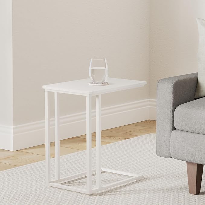 VASAGLE End Table, C Shaped TV Tray with Metal Frame Rolling Casters for Coffee Laptop Mobile Tablet, Industrial Side Table for Living Room Bedroom, 19.7 x 13.8 x 23.6 Inches, Cream White ULNT050W77