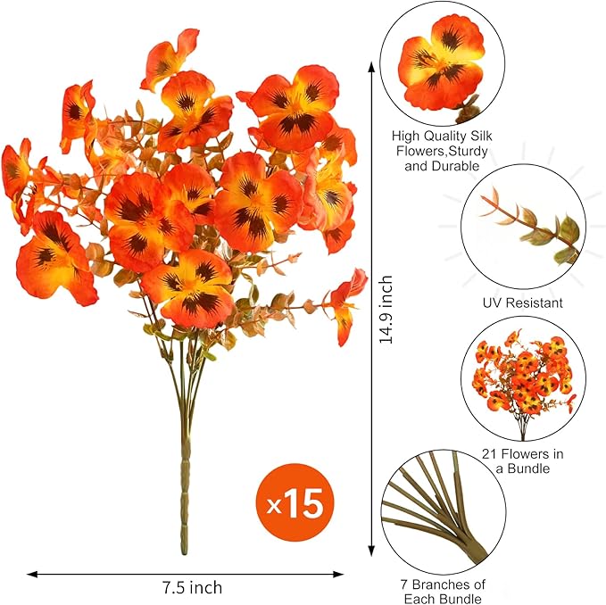 Ouddy Decor 15 Bundles Fake Mums Artificial Fall Flowers for Decorations, Fall Faux Pansy Flowers UV Resistant Fake Plants for Garden Porch Patio Farmhouse Autumn Harvest Thanksgiving Decor, Orange