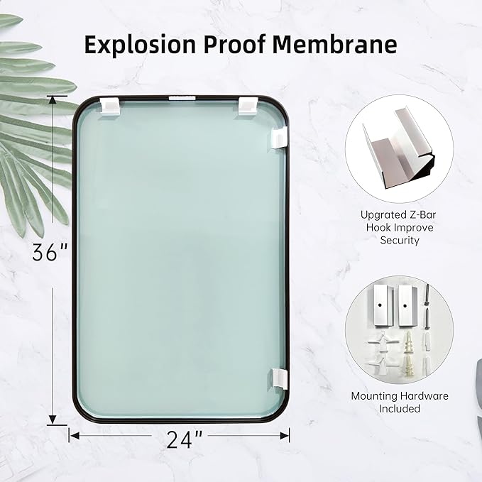 24"x36" Brushed Matte Black Metal Framed Rounded Rectangle Mirror, Wall Mounted Mirrors for Bathroom Entryway Vanity Living Room Bedroom, Vertical or Horizontal
