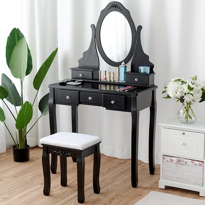Giantex Vanity Set with Oval Mirror & Cushioned Stool, Makeup Dressing Table Large Storage with 5 Drawers, Mirrored Bedroom Vanities Makeup Table for Kids Girls Women, Easy Assembly (Black)