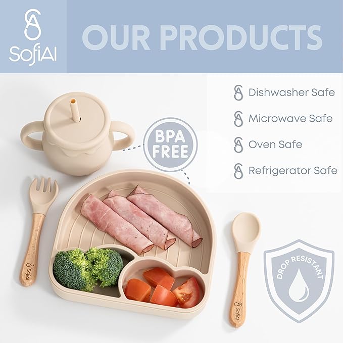 All In One Silicone Feeding Set - Safe for 6-12 Months - Non-Toxic Baby Led Weaning Supplies - Toddler Self Feeding Utensils - BPA-Free - Mess Free Essentials