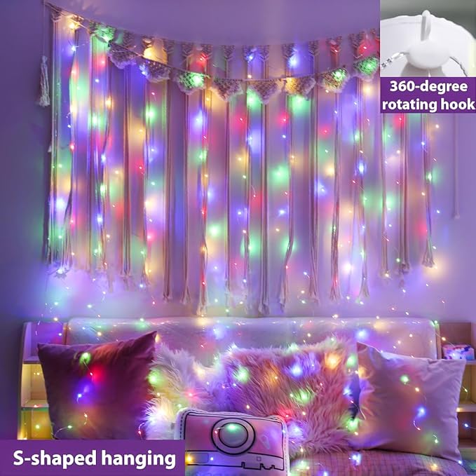 ZSJWL 300 LED Multicolor Curtain Fairy Lights with Remote, 8 Modes 9.8 × 9.8 Ft Waterproof USB Plug in Copper Wire Lights for Bedroom Window Chrismas Wedding Party