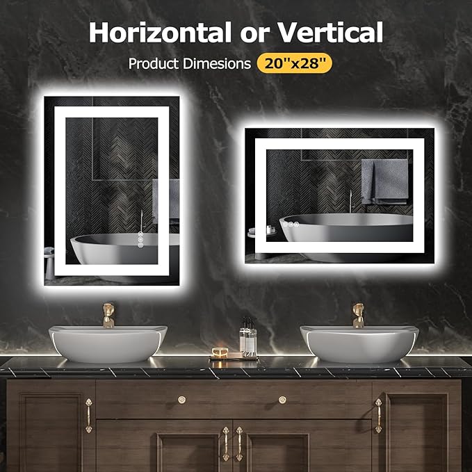28X20 LED Bathroom Mirror with Lights, Anti-Fog, Dimmable, Backlit + Front Lit, Smart Bathroom Vanity Mirror, Memory Function, Shatterproof, Tempered Glass (Horizontal/Vertical)