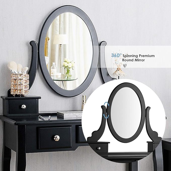 CHARMAID Vanity Table Set with Rotatable Oval Mirror, Bedroom Makeup Table with 5 Drawers for Women Girls, Dressing Table with Cushioned Stool (Black)
